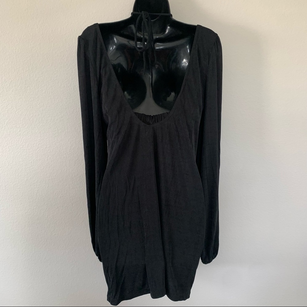 Princess Polly Celine Black Long Puff Sleeve Cut out Tie Neck Mini Dress - Picture 6 of 10